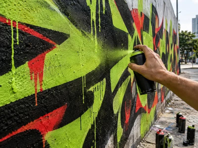 Mão com uma lata de spray a pintar uma parede de graffiti colorida