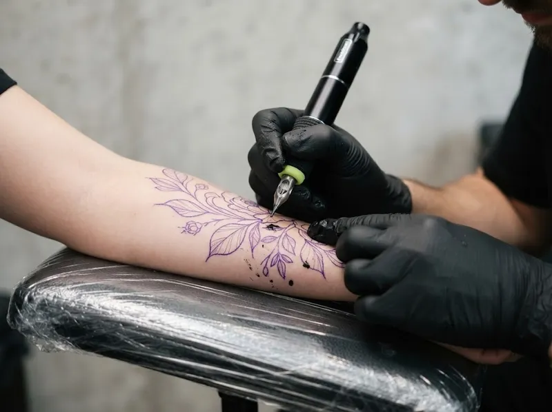Mão com luva a segurar uma máquina de tatuar sobre um stencil